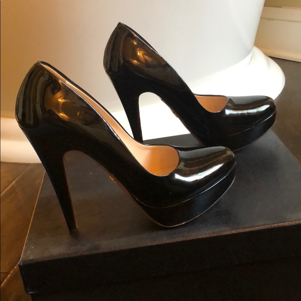 Prada black patent platform pumps gently worn 36.5